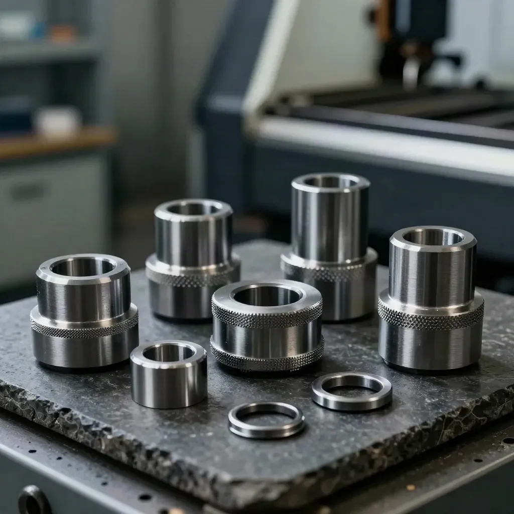 Aluminiumkupplungen und Lagerblöcke auf dunklem Stein im Industrie-Setting