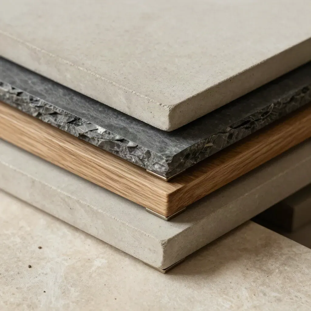 Beton-, Eichen- und Basaltsamples mit Eckverbindern auf hellem Stein