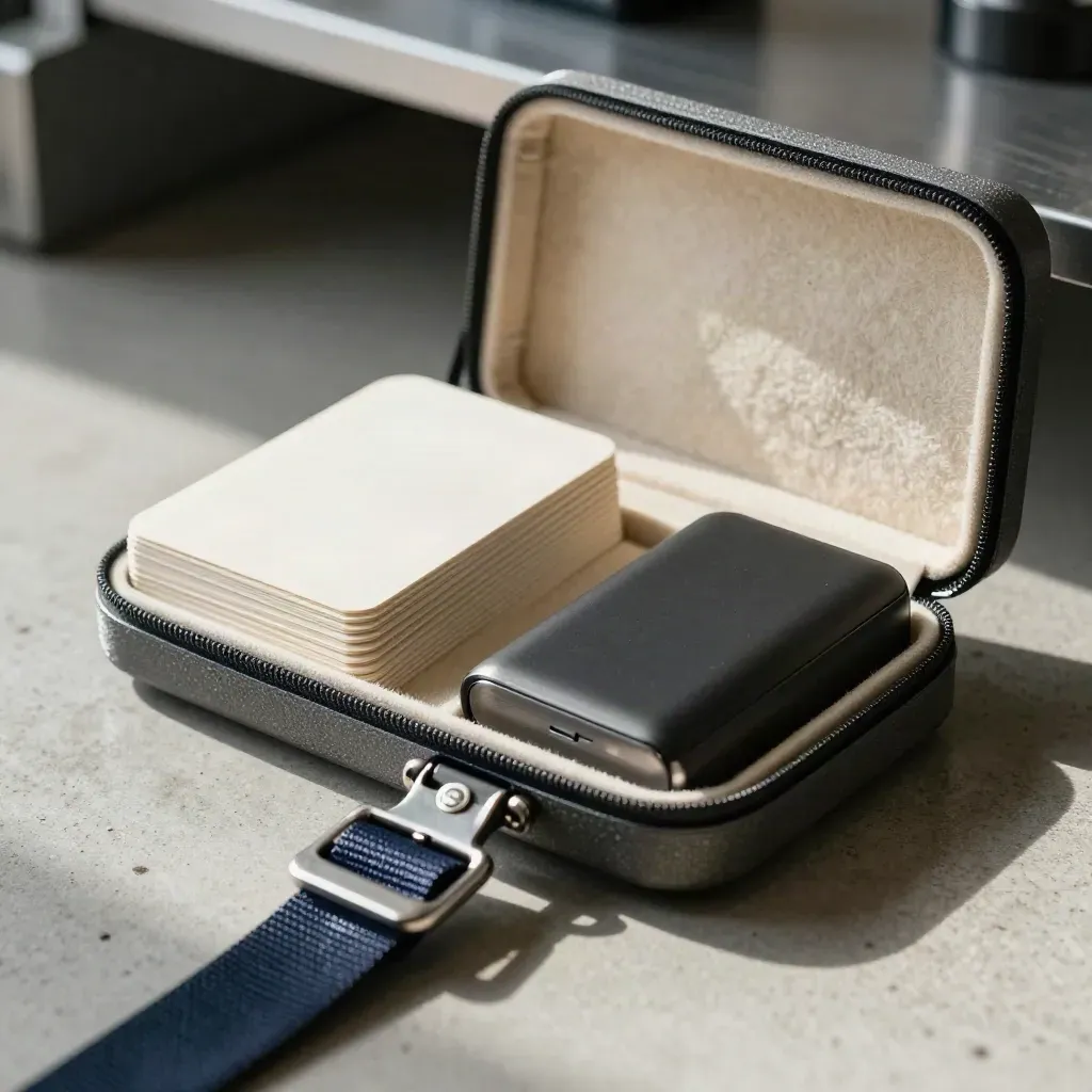 Nahaufnahme eines kompakten Startkoffers mit Karten, Powerbank und Klammer