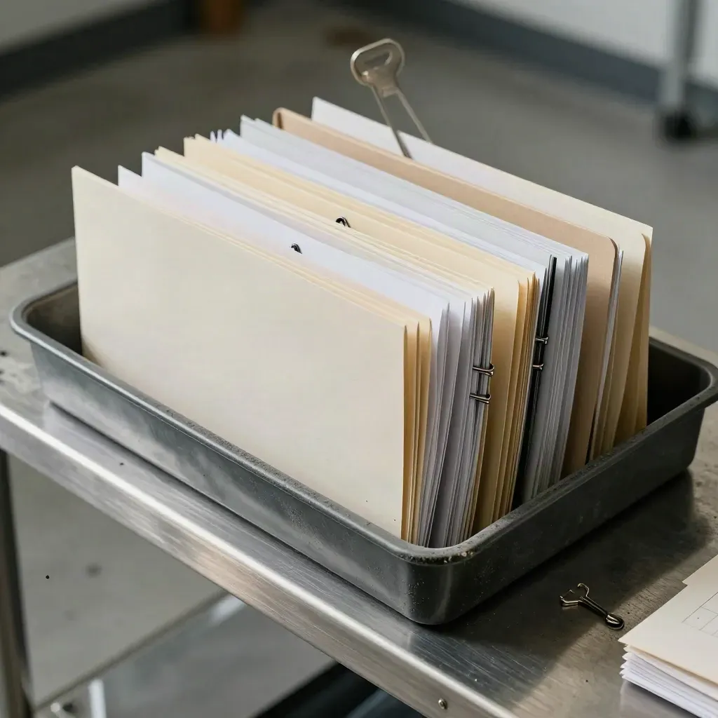 Überfüllte Inbox-Trays mit Klammern und Papierbändern in düsterem Licht.