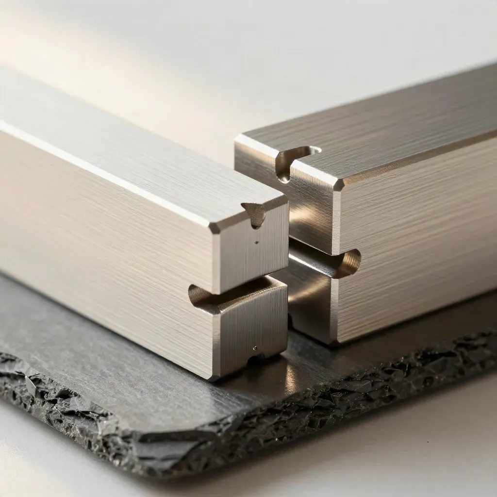 Gefräste Aluminiumblöcke verrasten sauber auf gebürstetem Metall.