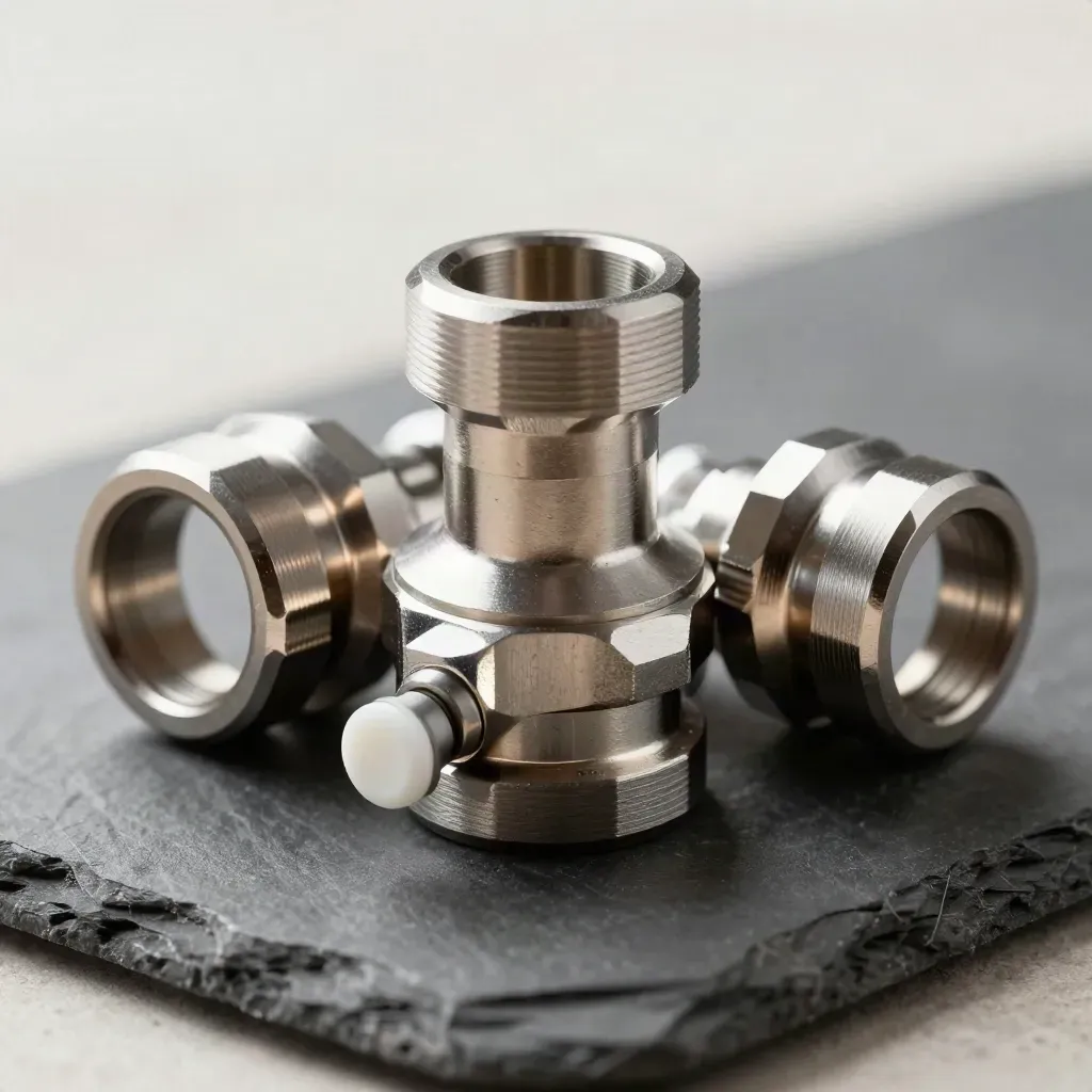 Präzise Metallkupplungen und Stecker auf schiefergrauer Fläche, makro, ruhig und hochwertig.